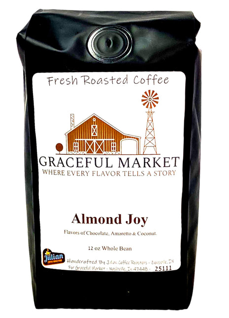 Graceful Market Almond Amaretto Coffee – Chocolate, Amaretto & Coconut Flavored - A cozy blend of toasted almond coffee, chocolate flavored coffee beans, and smooth coconut. 12oz