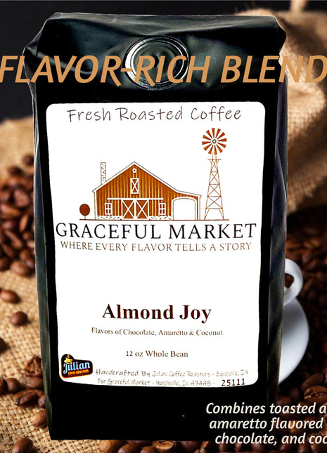 Graceful Market Almond Amaretto Coffee – Chocolate, Amaretto & Coconut Flavored - A cozy blend of toasted almond coffee, chocolate flavored coffee beans, and smooth coconut. 12oz