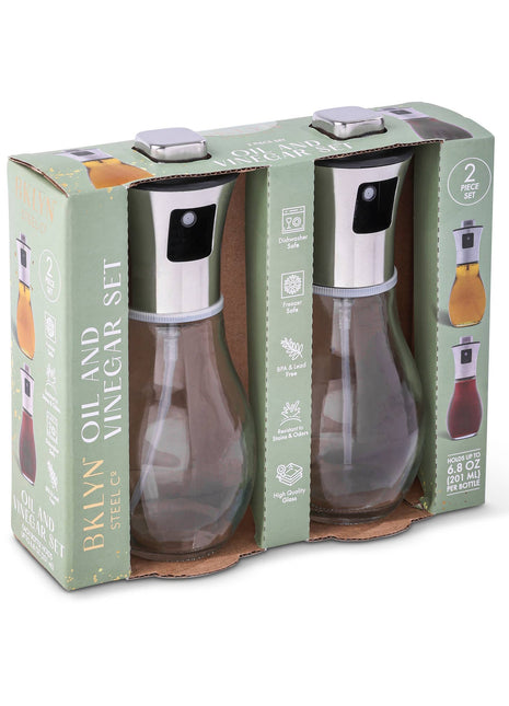 Side view of Core Home 2 pack oil spray bottle set with glass bottles