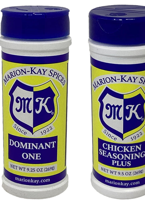 Marion-Kay Spice Gift Set – Chicken Seasoning Plus & Dominant One, 2-Pack Spices + Graceful Market Bamboo Board – BBQ Kit, Basket, or Gift Box Idea for Cooking, Grilling, and Flavor Lovers