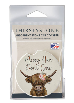 "Messy Hair Cow" Absorbent Stone Car Coaster 1pk