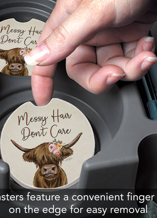 "Messy Hair Cow" Absorbent Stone Car Coaster 1pk