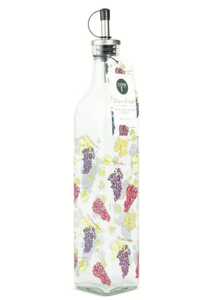 Side view of grape vines glass oil and vinegar cruet with attached cap