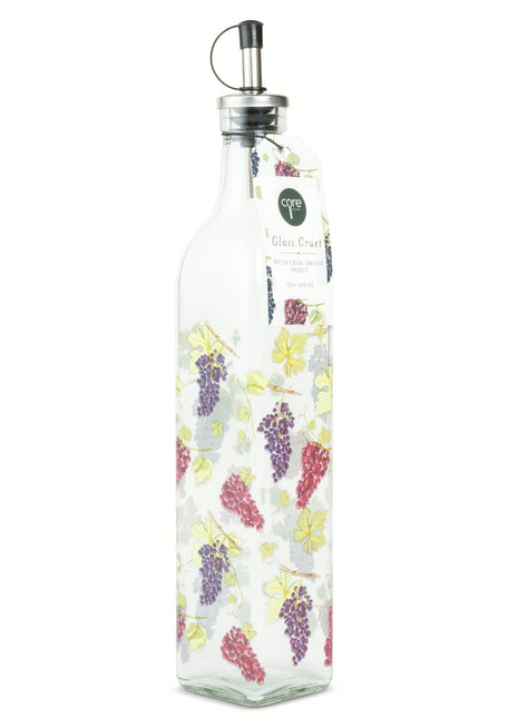 Side view of grape vines glass oil and vinegar cruet with attached cap