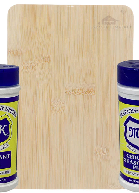 Marion-Kay Spice Gift Set – Chicken Seasoning Plus & Dominant One, 2-Pack Spices + Graceful Market Bamboo Board – BBQ Kit, Basket, or Gift Box Idea for Cooking, Grilling, and Flavor Lovers