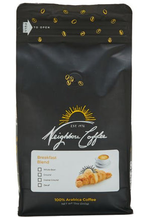 Neighbors Coffee Roasters Breakfast Blend Coffee | Smooth Medium Roast | Central & South American Blend | Available in 1/2 lb & 1 lb Bags