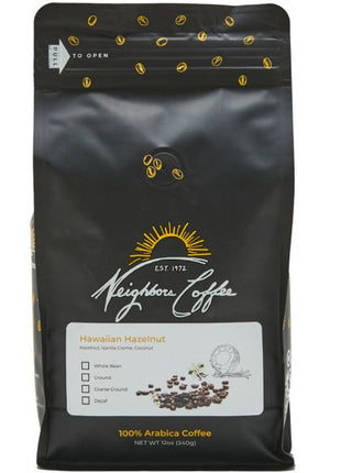 Neighbors Coffee Roasters Hawaiian Hazelnut Coffee | Hazelnut Flavored Medium Roast Coffee | Whole Bean or Ground | 1/2 lb & 1 lb Bags
