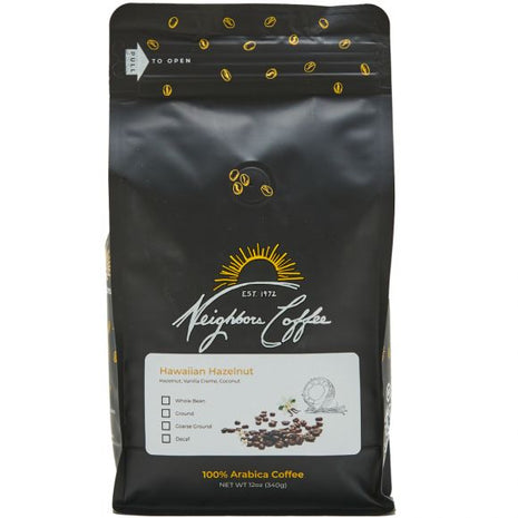 Neighbors Coffee Roasters Hawaiian Hazelnut Coffee | Hazelnut Flavored Medium Roast Coffee | Whole Bean or Ground | 1/2 lb & 1 lb Bags
