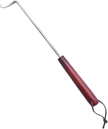 15 Inches Food Flipper - Stainless Steel BBQ Meat Turner Hook with Wooden Handle for Grilling & Smoking