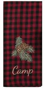 Wooodland Plaid and Pinecones Camp Embroidered Kitchen Tea Towel Cotton