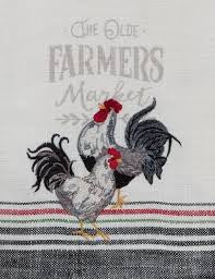 The Olde Farmers Market Rooster and Hen Embroidered Kitchen Tea Towel