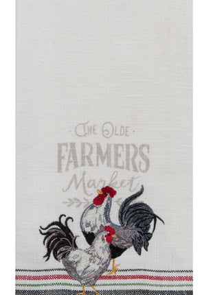 The Olde Farmers Market Rooster and Hen Embroidered Kitchen Tea Towel