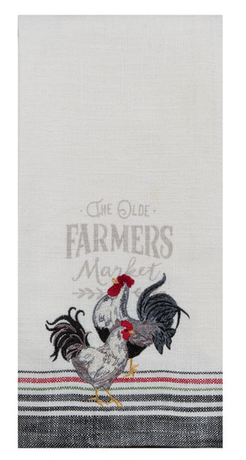 The Olde Farmers Market Rooster and Hen Embroidered Kitchen Tea Towel