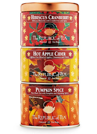 The Republic of Tea Harvest Stackable Tea Tin 3-Pack Hibiscus Cranberry - Hot Apple Cider - Pumpkin Spice