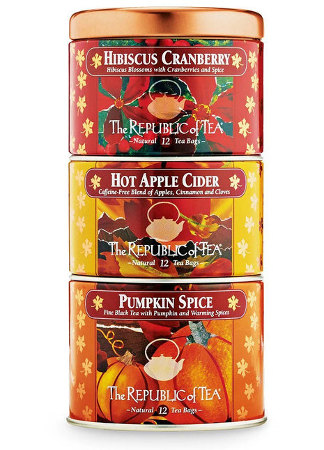 The Republic of Tea Harvest Stackable Tea Tin 3-Pack Hibiscus Cranberry - Hot Apple Cider - Pumpkin Spice