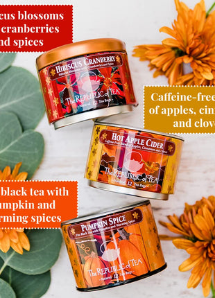 The Republic of Tea Harvest Stackable Tea Tin 3-Pack Hibiscus Cranberry - Hot Apple Cider - Pumpkin Spice