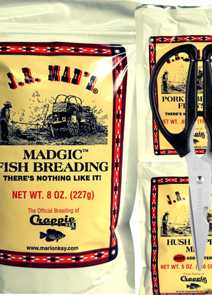 J.R. Mad's Madgic Fish Breading, Complete Fish seasoning Meal Pack, with Hush Puppy Mix, Pork and Beans Fixin's, and Graceful Market Stainless Steel Kitchen Shears - The Perfect Fish Fry Gift Set