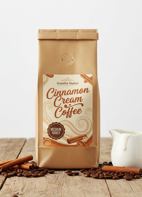 Graceful Market Cinnamon Cream Coffee | Cinnamon & Sweet Cream Flavored Medium Roast Coffee | Whole Bean or Ground | 12 oz Bag